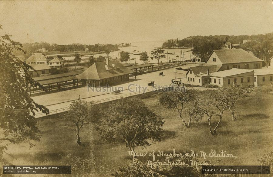 Postcard: View of Harbor and Boston & Maine Railroad Station, Manchester, Massachusetts
